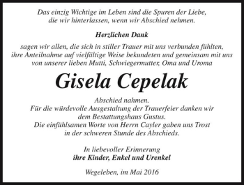 Traueranzeige von Gisela Cepelak  von Magdeburger Volksstimme
