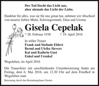 Traueranzeige von Gisela Cepelak  von Magdeburger Volksstimme