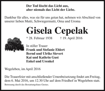 Traueranzeige von Gisela Cepelak  von Magdeburger Volksstimme