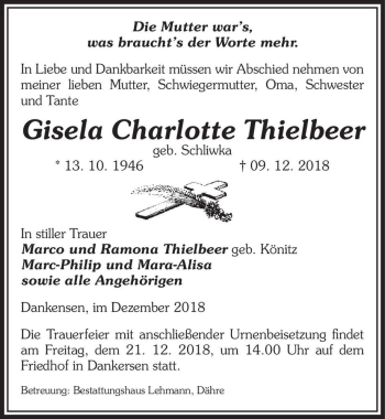 Traueranzeige von Gisela Charlotte Thielbeer (geb. Schliwka)  von Magdeburger Volksstimme