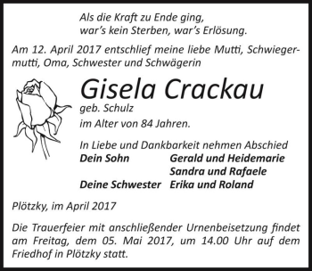 Traueranzeige von Gisela Crackau (geb. Schulz)  von Magdeburger Volksstimme