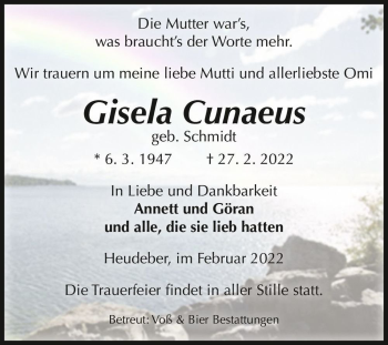 Traueranzeige von Gisela Cunaeus (geb. Schmidt)  von Magdeburger Volksstimme