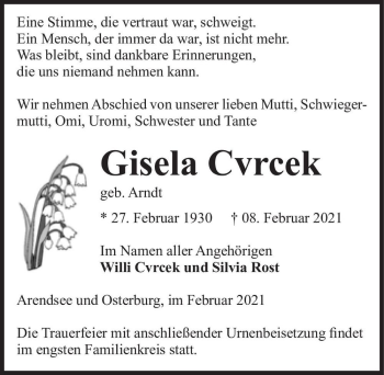 Traueranzeige von Gisela Cvrcek (geb. Arndt)  von Magdeburger Volksstimme