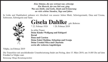 Traueranzeige von Gisela Dahlke (geb. Behrens)  von Magdeburger Volksstimme