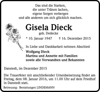 Traueranzeige von Gisela Dieck (geb. Dedecke)  von Magdeburger Volksstimme