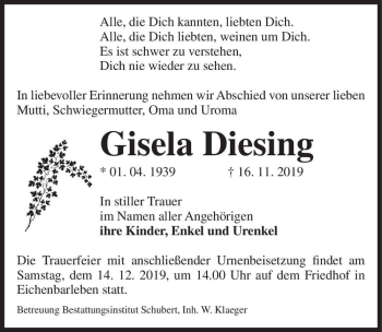 Traueranzeige von Gisela Diesing  von Magdeburger Volksstimme