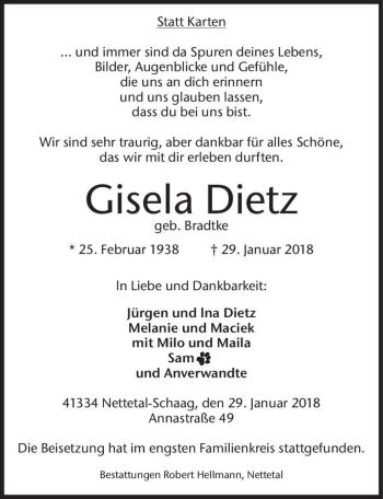 Traueranzeige von Gisela Dietz (geb. Bradtke)  von Magdeburger Volksstimme