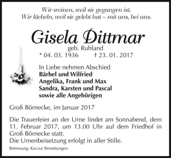Traueranzeige von Gisela Dittmar (geb. Ruhland)  von Magdeburger Volksstimme