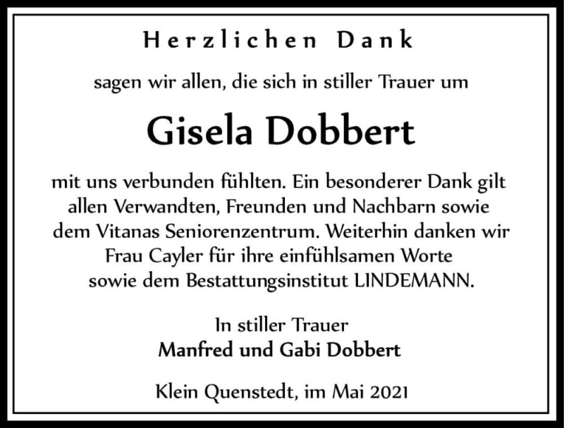  Traueranzeige für Gisela Dobbert  vom 29.05.2021 aus Magdeburger Volksstimme
