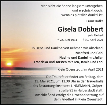 Traueranzeige von Gisela Dobbert (geb. Gebert)  von Magdeburger Volksstimme