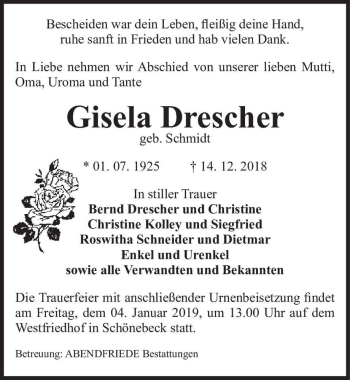 Traueranzeige von Gisela Drescher (geb. Schmidt)  von Magdeburger Volksstimme