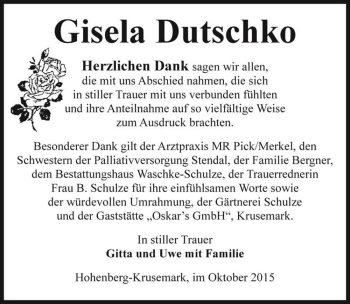 Traueranzeige von Gisela Dutschko  von Magdeburger Volksstimme