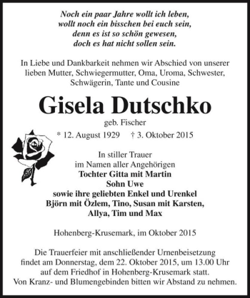 Traueranzeige von Gisela Dutschko (geb. Fischer)  von Magdeburger Volksstimme