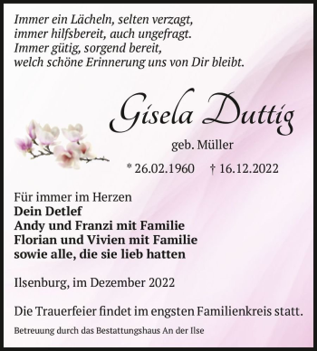 Traueranzeige von Gisela Duttig (geb. Müller)  von Magdeburger Volksstimme