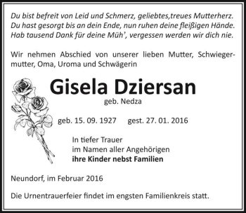 Traueranzeige von Gisela Dziersan (geb. Nedza)  von Magdeburger Volksstimme