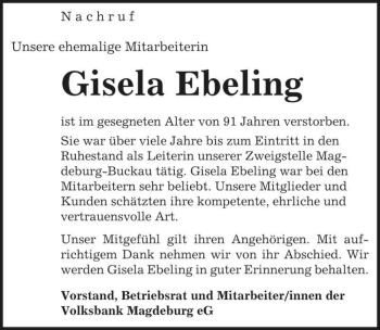 Traueranzeige von Gisela Ebeling  von Magdeburger Volksstimme
