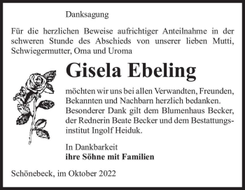 Traueranzeige von Gisela Ebeling  von Magdeburger Volksstimme