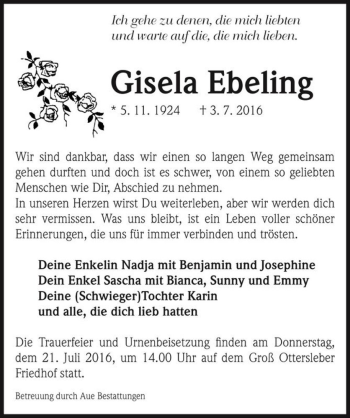 Traueranzeige von Gisela Ebeling  von Magdeburger Volksstimme