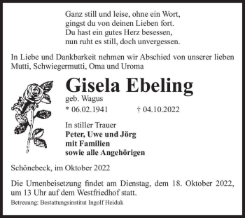 Traueranzeige von Gisela Ebeling (geb. Wagus)  von Magdeburger Volksstimme
