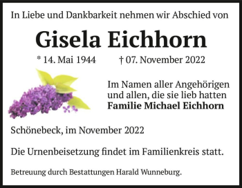 Traueranzeige von Gisela Eichhorn  von Magdeburger Volksstimme