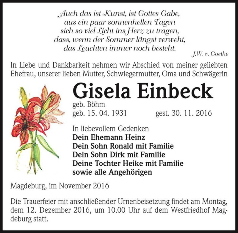  Traueranzeige für Gisela Einbeck (geb. Böhm)  vom 03.12.2016 aus Magdeburger Volksstimme