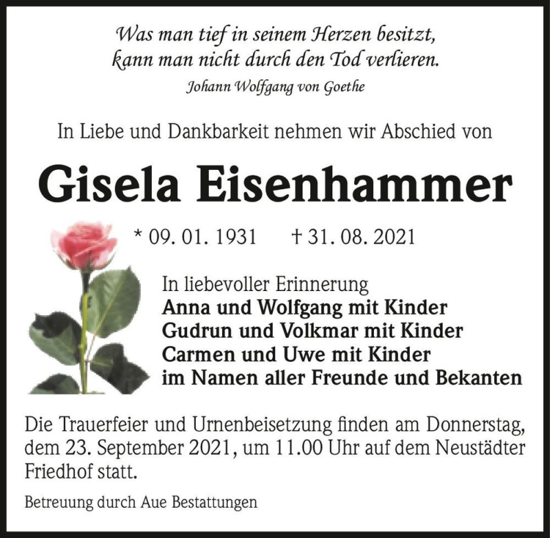  Traueranzeige für Gisela Eisenhammer  vom 11.09.2021 aus Magdeburger Volksstimme