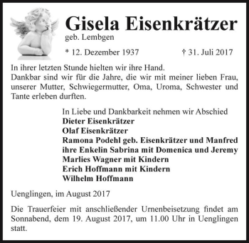 Traueranzeige von Gisela Eisenkrätzer (geb. Lembgen)  von Magdeburger Volksstimme