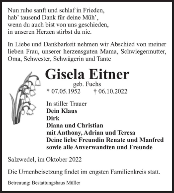 Traueranzeige von Gisela Eitner (geb. Fuchs)  von Magdeburger Volksstimme