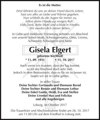 Traueranzeige von Gisela Elgert (geb. Kirchhoff)  von Magdeburger Volksstimme