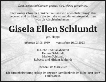Traueranzeige von Gisela Ellen Schlundt (geb. Hoppe)  von Magdeburger Volksstimme