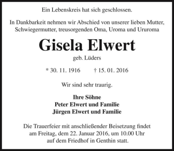 Traueranzeige von Gisela Elwert (geb. Lüders)  von Magdeburger Volksstimme