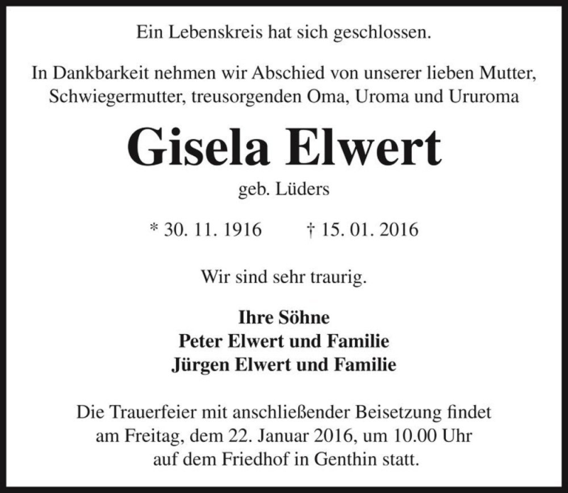 Traueranzeige für Gisela Elwert (geb. Lüders)  vom 19.01.2016 aus Magdeburger Volksstimme