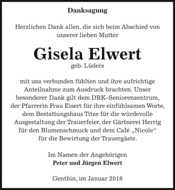 Traueranzeige von Gisela Elwert (geb. Lüders)  von Magdeburger Volksstimme