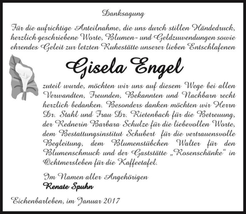  Traueranzeige für Gisela Engel  vom 28.01.2017 aus Magdeburger Volksstimme
