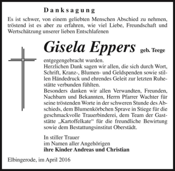 Traueranzeige von Gisela Eppers (geb. Teege)  von Magdeburger Volksstimme