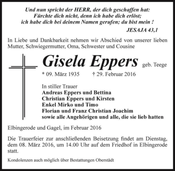 Traueranzeige von Gisela Eppers (geb. Teege)  von Magdeburger Volksstimme