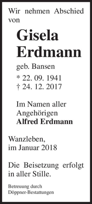 Traueranzeige von Gisela Erdmann (geb. Bansen)  von Magdeburger Volksstimme