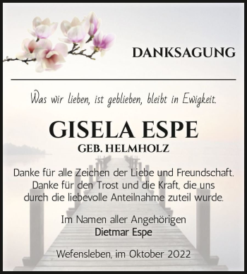 Traueranzeige von Gisela Espe (geb. Helmholz)  von Magdeburger Volksstimme