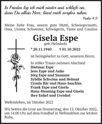 Traueranzeige von Gisela Espe (geb. Helmholz)  von Magdeburger Volksstimme