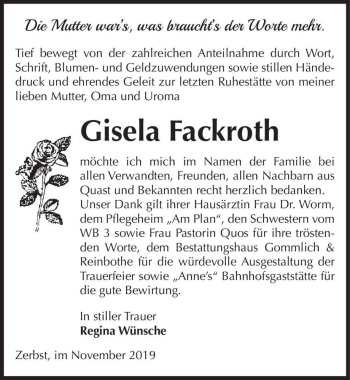 Traueranzeige von Gisela Fackroth  von Magdeburger Volksstimme
