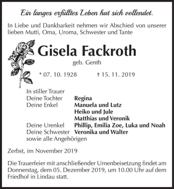 Traueranzeige von Gisela Fackroth (geb. Genth)  von Magdeburger Volksstimme