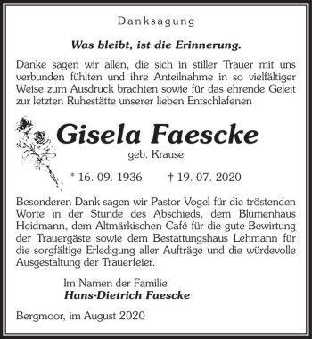 Traueranzeige von Gisela Faescke  von Magdeburger Volksstimme