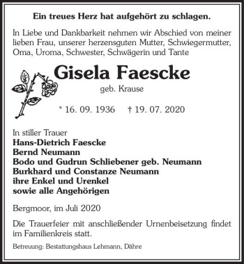 Traueranzeige von Gisela Faescke (geb. Krause)  von Magdeburger Volksstimme