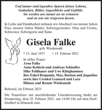 Traueranzeige von Gisela Falke (geb. Wiedemuth)  von Magdeburger Volksstimme
