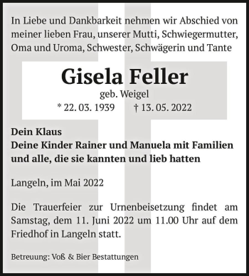 Traueranzeige von Gisela Feller (geb. Weigel)  von Magdeburger Volksstimme