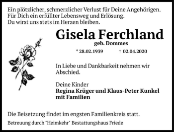 Traueranzeige von Gisela Ferchland (geb. Dommes)  von Magdeburger Volksstimme