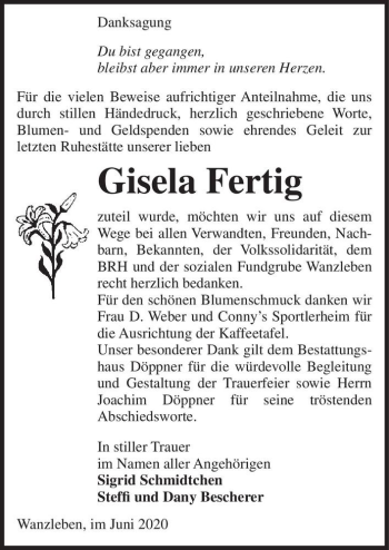 Traueranzeige von Gisela Fertig  von Magdeburger Volksstimme