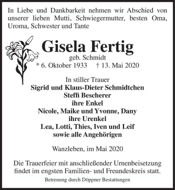 Traueranzeige von Gisela Fertig (geb. Schmidt)  von Magdeburger Volksstimme