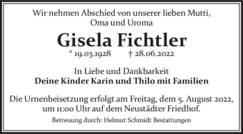 Traueranzeige von Gisela Fichtler  von Magdeburger Volksstimme