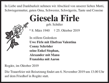 Traueranzeige von Gisela Firle (geb. Schüler)  von Magdeburger Volksstimme